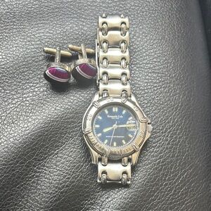 Kenneth Cole Silver Watch with Black Dial and Red Cufflinks